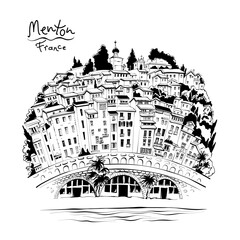 Vector hand drawing. Typical Provencal houses in Menton, Provence, France