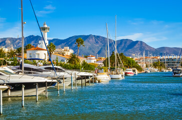 Summer panorama of Empuriabrava with yachts, boats and waterways in Costa Brava, Catalonia, Spain