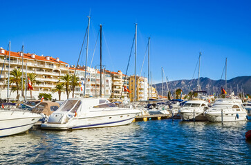 Fototapeta na wymiar Summer panorama of Empuriabrava with yachts, boats and waterways in Costa Brava, Catalonia, Spain