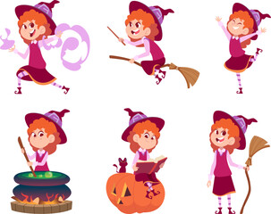 Little witch. Funny and scary little girl in purple dress different emotions and poses exact vector cartoon characters
