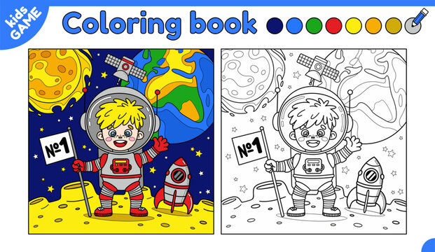Coloring book for kids. Cartoon astronaut boy with rocket on the Moon in space. Black white outline and colorful spaceman on star background. Coloring page for preschool and school children. Vector.