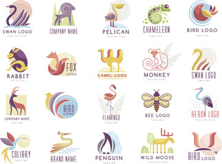 Animals set. Logotype collections of different animals recent vector identity templates