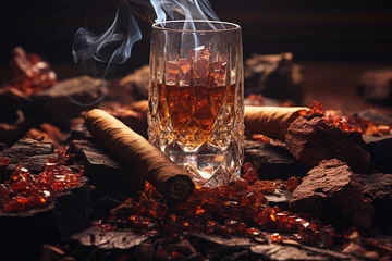 Fotobehang Cigar, cylindrical tobacco leaf twist, smoked, Cuban, tobacco smoking process, Smoking a twist, cigarettes in pure form, rolled tobacco, elegantly luxurious gentlemanly style. © Ruslan Batiuk