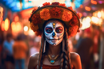 close-up young woman with make-up at the festival Day of the Dead - Dia de los Muertos - a holiday dedicated to the memory of the dead.against the backdrop of illumination.  - obrazy, fototapety, plakaty