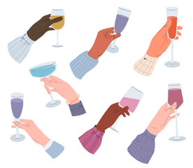 Drinks in hands set. People holding glass of wine or sparkling champagne, pint beer and bar cocktail. Beverages in glass, cup, bottle, wineglass