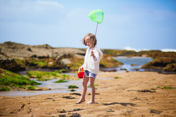 Adorable preshooler girl playing with scoop net on the beach at Atlantic coast of Brittany, France