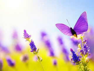 Butterfly on a meadow with purple flowers. Nature background