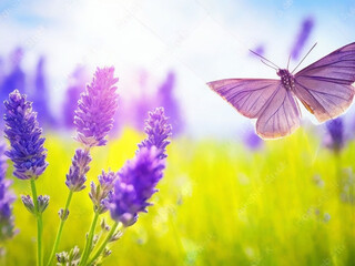 Butterfly on a meadow with purple flowers. Nature background