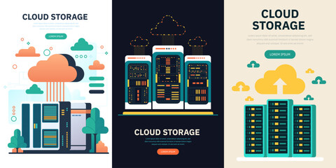 Hosting, cloud storage download flat vector illustration. Big data. Digital service or app with data transfering. Online computing technology. Server center and datacenter network