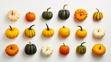 Overhead View of a Variety of Pumpkins and Gourds Arranged in Horizontal Knolling - On Light or Cream Background - Fall, Autumn, Winter, Thanksgiving, Halloween - Generative AI