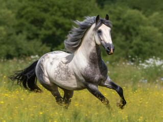 A regal horse galloping through a meadow