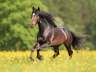 A regal horse galloping through a meadow