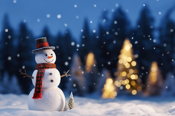 Fototapeta premium Merry christmas and happy new year greeting card with copy-space. Happy snowman standing in christmas landscape. Snow background. Winter fairytale created with Generative AI technology