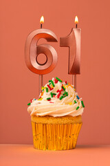 Candle number 61 - Cake birthday in coral fusion background