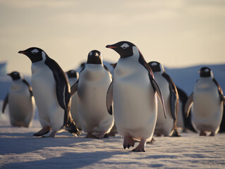 Fototapeta premium A group of penguins waddling on the ice