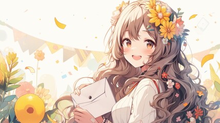 A girl with long hair holding a white envelope. Digital image. Birthday card.