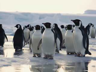 Fototapeta premium A group of penguins waddling on the ice