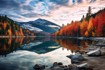 A serene mountain landscape with snow-capped peaks piercing through the clouds, a tranquil alpine lake reflecting the vibrant colors of the surrounding autumn foliage. High quality photo - obrazy, fototapety, plakaty