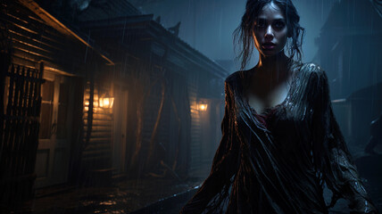 Horrified woman, scared girl stands near house in rain at night, fear theme