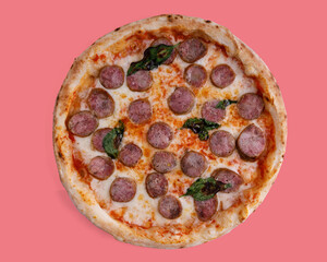 craft appetizing pizza with homemade sausage on a red background, studio shooting