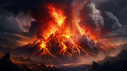 Volcanic mountain in eruption, A large volcano erupting hot lava and gases into the atmosphere.