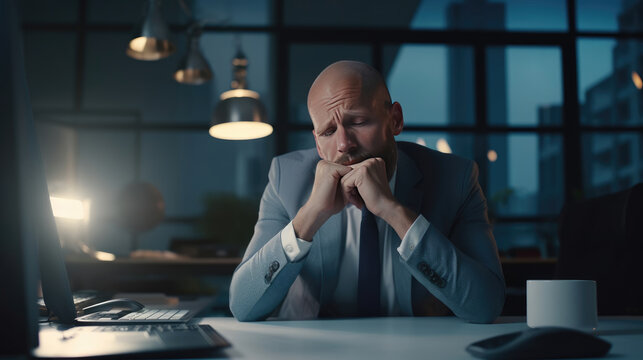 A businessman at his cluttered office desk, grappling with the pressures of his job. A businessman at his office desk, visibly feeling the pressure of work