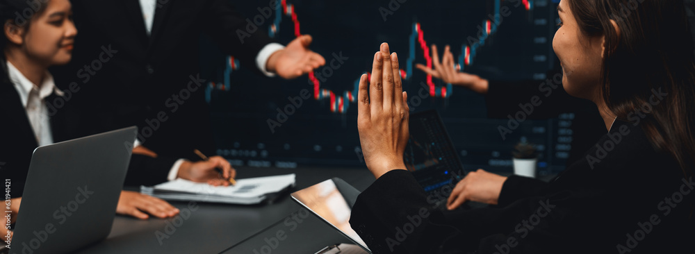 Poster group of stock trading investor or business people discussing and analyzing financial data graph on 