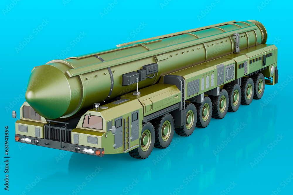 Poster scud missile, mobile short-range ballistic missile system on blue background, 3d rendering