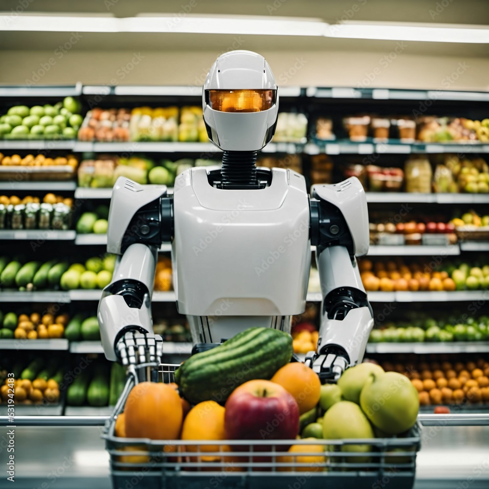 Poster household service robot shopping for groceries at the supermarket. humanoid android robot. artificia