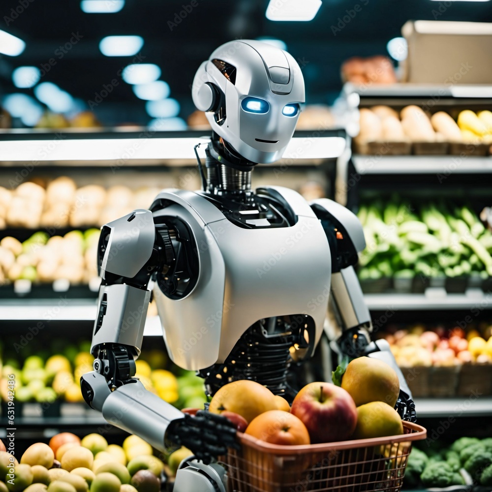 Poster household service robot shopping for groceries at the supermarket. humanoid android robot. artificia