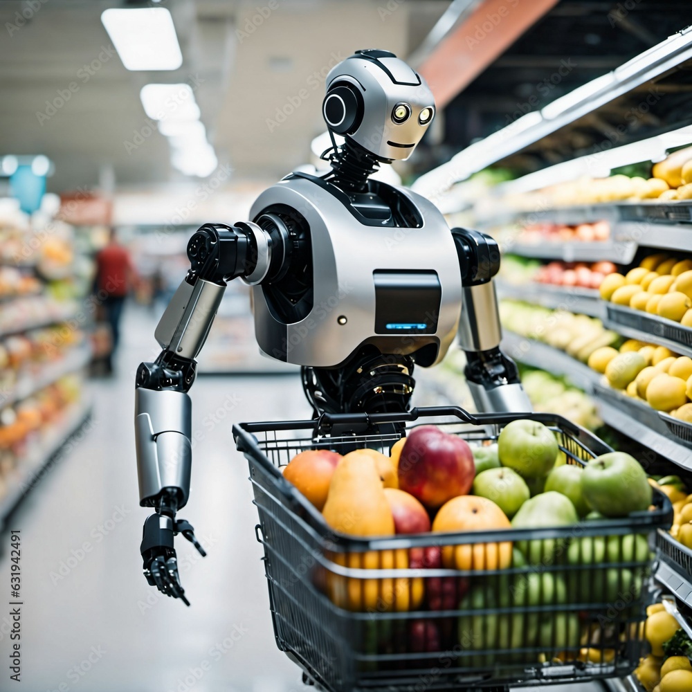 Poster household service robot shopping for groceries at the supermarket. humanoid android robot. artificia