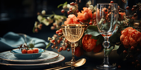 Fototapeta na wymiar Elegant table setting with candles in restaurant. Selective focus. Romantic dinner setting with candles on table in restaurant.