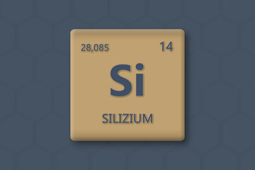 Silizium. Abkuerzung: Si. Chemisches Element des Periodensystems. Blauer Text innerhalb eines goldenen Rechtecks auf blauem Hintergrund.