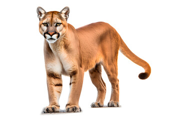 Puma isolated on a white background. Animal front left view.