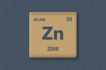 Zink. Abkuerzung: Zn. Chemisches Element des Periodensystems. Blauer Text innerhalb eines goldenen Rechtecks auf blauem Hintergrund.