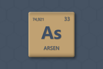 Arsen. Abkuerzung: As. Chemisches Element des Periodensystems. Blauer Text innerhalb eines goldenen Rechtecks auf blauem Hintergrund.