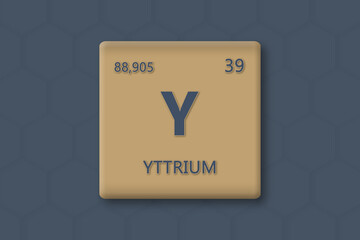 Yttrium. Abkuerzung: Y. Chemisches Element des Periodensystems. Blauer Text innerhalb eines goldenen Rechtecks auf blauem Hintergrund.