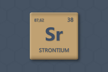 Strontium. Abkuerzung: Sr. Chemisches Element des Periodensystems. Blauer Text innerhalb eines goldenen Rechtecks auf blauem Hintergrund.