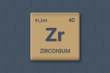 Obraz premium Zirconium. Abkuerzung: Zr. Chemisches Element des Periodensystems. Blauer Text innerhalb eines goldenen Rechtecks auf blauem Hintergrund.