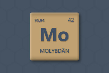 Molybd?n. Abkuerzung: Mo. Chemisches Element des Periodensystems. Blauer Text innerhalb eines goldenen Rechtecks auf blauem Hintergrund.