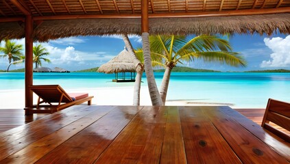 Wooden table with beach and tiki hut and beach and palm trees in the background - AI-Generated