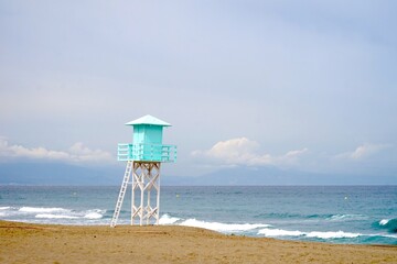 urquoise lifeguard tower on the beach, Miami Beach Style in La Línea de la Concepción, Algeciras, Andalusia, Cadiz, Malaga, Spain