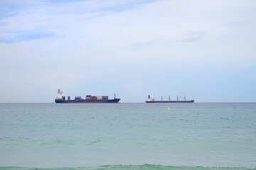 container ship and cargo ship in the sea, Mediterranean Sea, Logistic, transport, supply chain,...