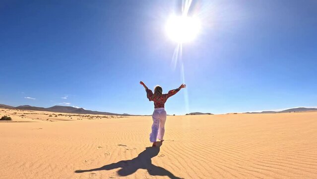 One happy young blonde woman walking on the sand of dune outdoors enjoying having fun on vacations leisure. Beautiful girl discovering freedom concept.
