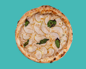 craft appetizing pizza with pear and mozzarella on a green background, studio shot 1