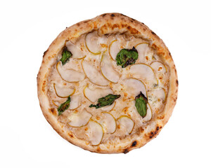 craft appetizing pizza with pear and mozzarella on a white background, studio shot