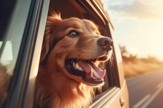 Photo of a happy dog enjoying a car ride with its head out of the window