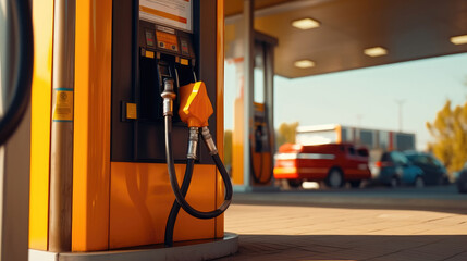 Close-up photo of a gasoline pump at a fuel station on a sunny day
