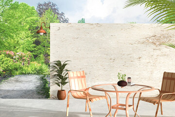 Exterior backyard of a landscaped country house with a trail, a concrete wall and floor, patio table and chair set, and sunlight. Exterior design and decoration. 3d rendering