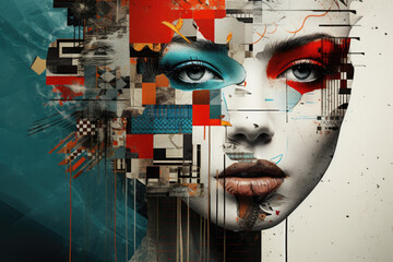 Enigmatic Woman: Abstract Digital Collage with Dynamic Elements Created with Generative AI